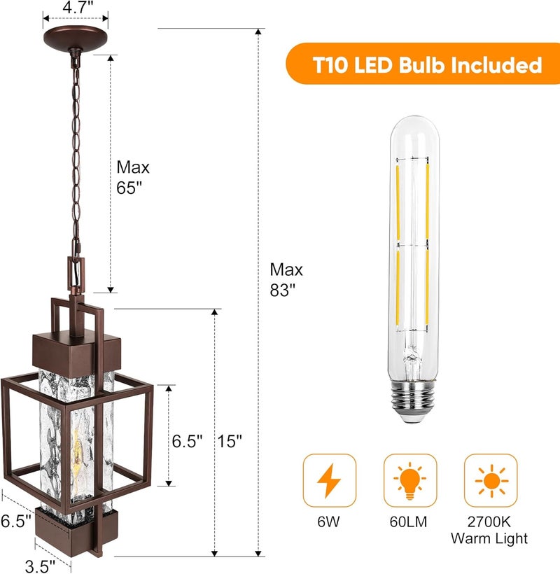 PARTPHONER 15" Outdoor Indoor Pendant Light Exterior Hanging Lantern, Modern Metal Outside Chandelier Light Fixture Ceiling Mount with Water Glass for Front Porch Entrance Foyer Entryway, Oil Rubbed Bronze - Image 3